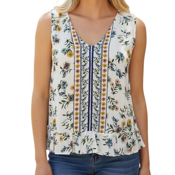 Lucky Brand Tops - Lucky Brand Women’s Tank Top Floral V-Neck Cream Blue Sleeveless Size Small